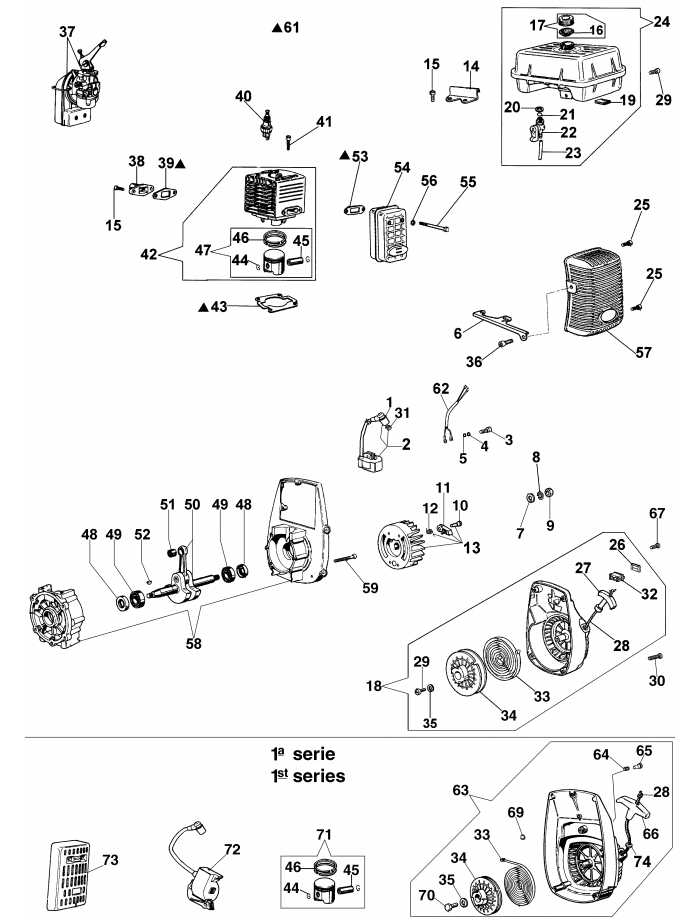 Двигатель и стартер Oleo-Mac SА30 ТL (до 21.02.08)